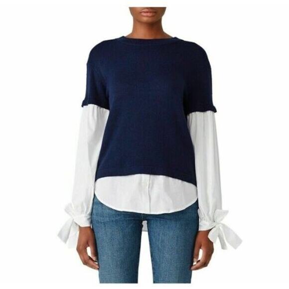 Devlin Sweater Top Layered Tied Cuffs Size Medium Blue and White - Picture 1 of 7